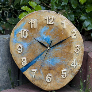 Duży Zegar drewno z żywicą epoksydową niebieską L01