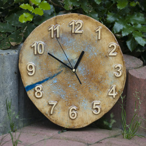 Duży Zegar drewno z żywicą epoksydową niebieską L03