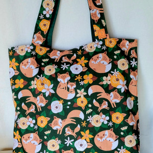 Ekologiczna, bawełniana torba na zakupy: jesienne liski na zielonym