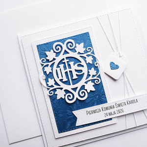 Elegancka kartka na Komunię biało-granatowa