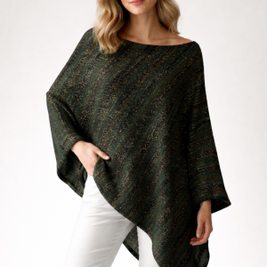 Eleganckie wełniane poncho w kolorze zielonym, oprószone złotem