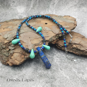 Etniczny naszyjnik- lapis-lazuli, lawa, magnezyt