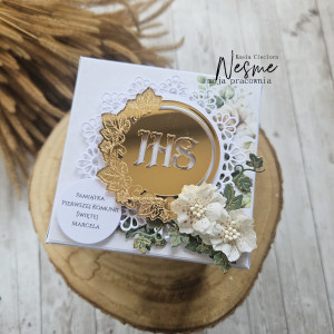 Exploding box złoto i beż pamiątka Komunii Świętej