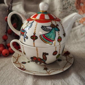 filiżanka i imbryk komplet do herbaty ŚWIĄTECZNA KARUZELA