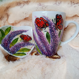 Fioletowe budleje i motyle komplet kubek 380 ml. ręcznie malowany