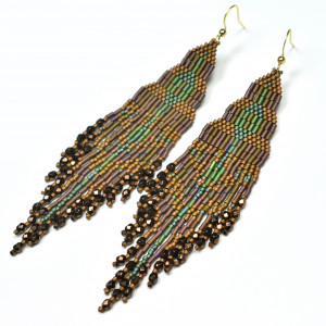 Foghar, brązowo-zielone "indiańskie" kolczyki, beading