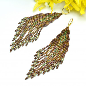 Foghar II, brązowo-zielone "indiańskie" kolczyki, beading