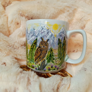 Góry i sowa Miłośnicy gór ręcznie malowany kubek 270 ml.