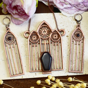 Gotycki miedziany zestaw - kolczyki i wisiorek z onyksem, rozeta #S8