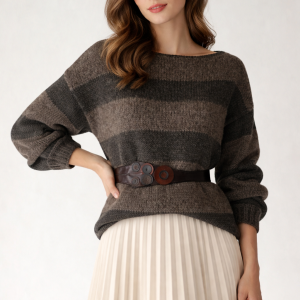 Grafitowy pulower w pasy wykonany z merino, jedwabiu i alpaki