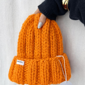 Gruba pomarańczowa wełniana czapka beanie wełna handmade