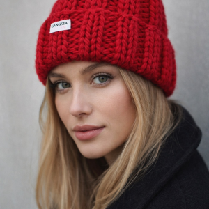 Gruba wełniana czapka beanie 100% wełna kolor świąteczny czerwony