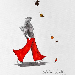 "Idź na spacer" akwarela z dodatkiem piórka artystki A. Laube