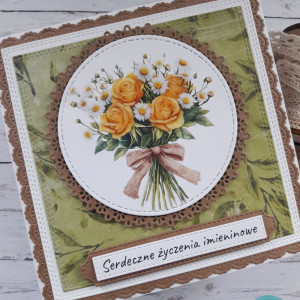 Kartka imieninowa (lub na inną okazję) z bukietem róż i stokrotek
