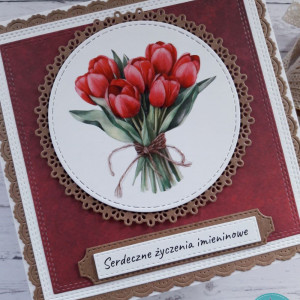 Kartka imieninowa (lub na inną okazję) z czerwonymi tulipanami