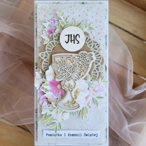 Kartka komunijna – delikatna z motywem IHS i kielicha
