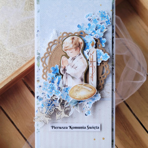 Kartka komunijna dla chłopca z niezapominajkami