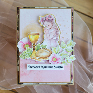 Kartka komunijna dla dziewczynki – delikatna w odcieniach różu
