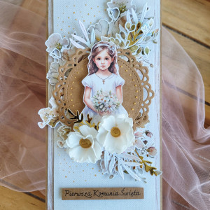 Kartka komunijna dla dziewczynki – elegancja w beżu i złocie
