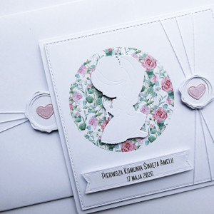 Kartka komunijna dla dziewczynki z różyczkami