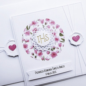 Kartka komunijna minimalistyczna róż handmade