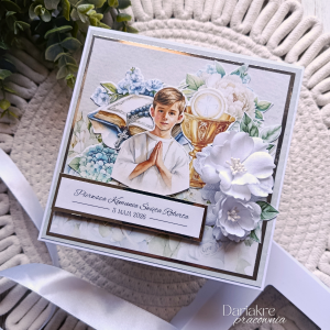 Kartka komunijna w pudełku, personalizowana, niebieska, chłopiec, k21