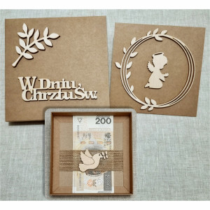 Kartka na Chrzest w pudełku Drewniane dekory Boho Personalizacja WW1