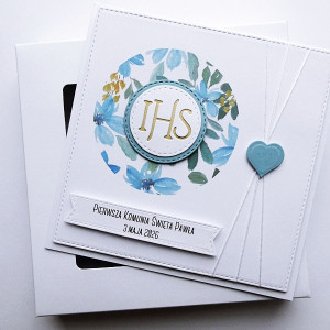Kartka na Komunię niebieska pamiątka handmade