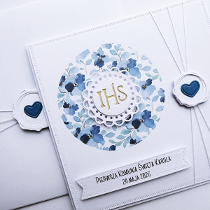 Kartka na Komunię ręcznie robiona niebieska