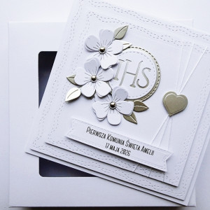 Kartka na Komunię z kwiatami ręcznie robiona