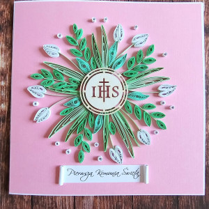 Kartka na Pierwszą Komunię Świętą - kwiatowa mandala - quilling
