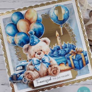 Kartka na roczek dla chłopca z misiem 2, personalizacja