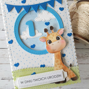 Kartka na roczek z żyrafą dla chlopczyka