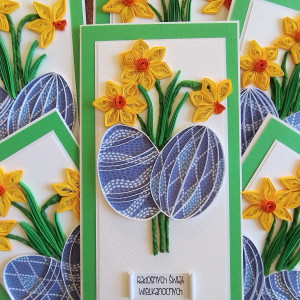 Kartka na Wielkanoc - żonkile i jajka - quilling