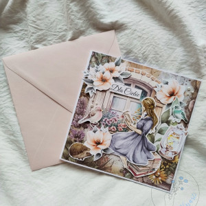 kartka okolicznościowa na urodziny ogród kwiaty dziewczyna z książką