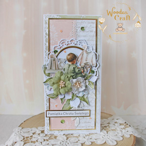 Kartka, pamiątka na chrzest, roczek, narodziny "PeachBabyBoy" GOTOWA