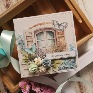Kartka personalizowana, urodzinowa, błękitna, okno i kwiaty