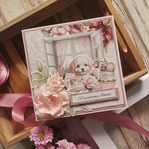 Kartka personalizowana urodzinowa, różowa z pieskiem