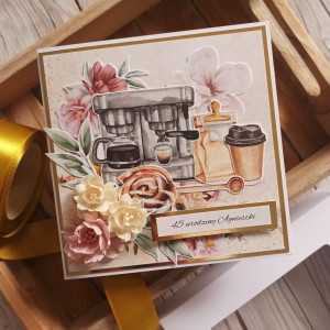 Kartka personalizowana, urodzinowa, złoto, kawa i kwiaty