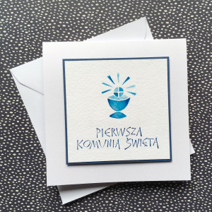 kartka ręcznie malowana i kaligrafowana na Pierwszą Komunię Świętą
