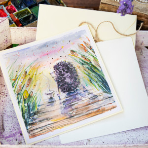 Kartka ręcznie malowana - jeż z kawką