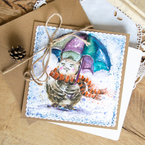 Kartka ręcznie malowana - sowa pod parasolem