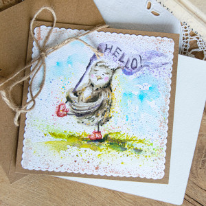 Kartka ręcznie malowana - sowa z pozdrowieniami