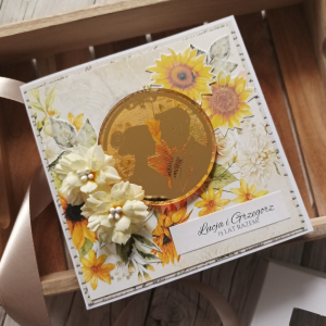 Kartka rocznica ślubu, złoto, słoneczniki, personalizowana