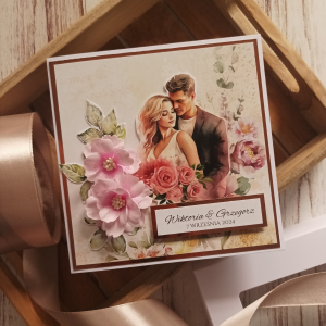 Kartka ślubna lub rocznicowa, personalizowana w pudełku, rose gold