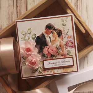 Kartka ślubna lub rocznicowa, personalizowana w pudełku, rosegold