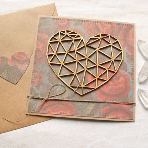 kartka ślubna, miłosna - geometryczne serce - róże