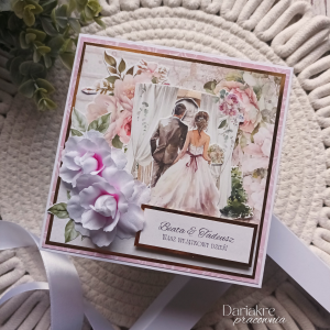 Kartka ślubna personalizowana, różowa, pamiątka na ślub w pudełku m5