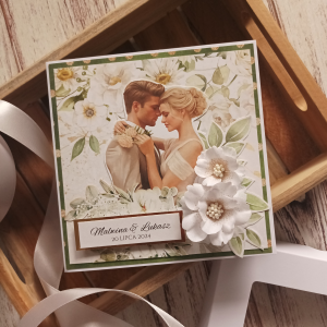 Kartka ślubna personalizowana, w pudełku zieleń i biel