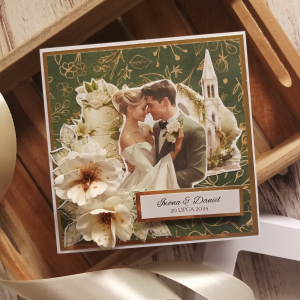 Kartka ślubna personalizowana w pudełku, złoto i zieleń